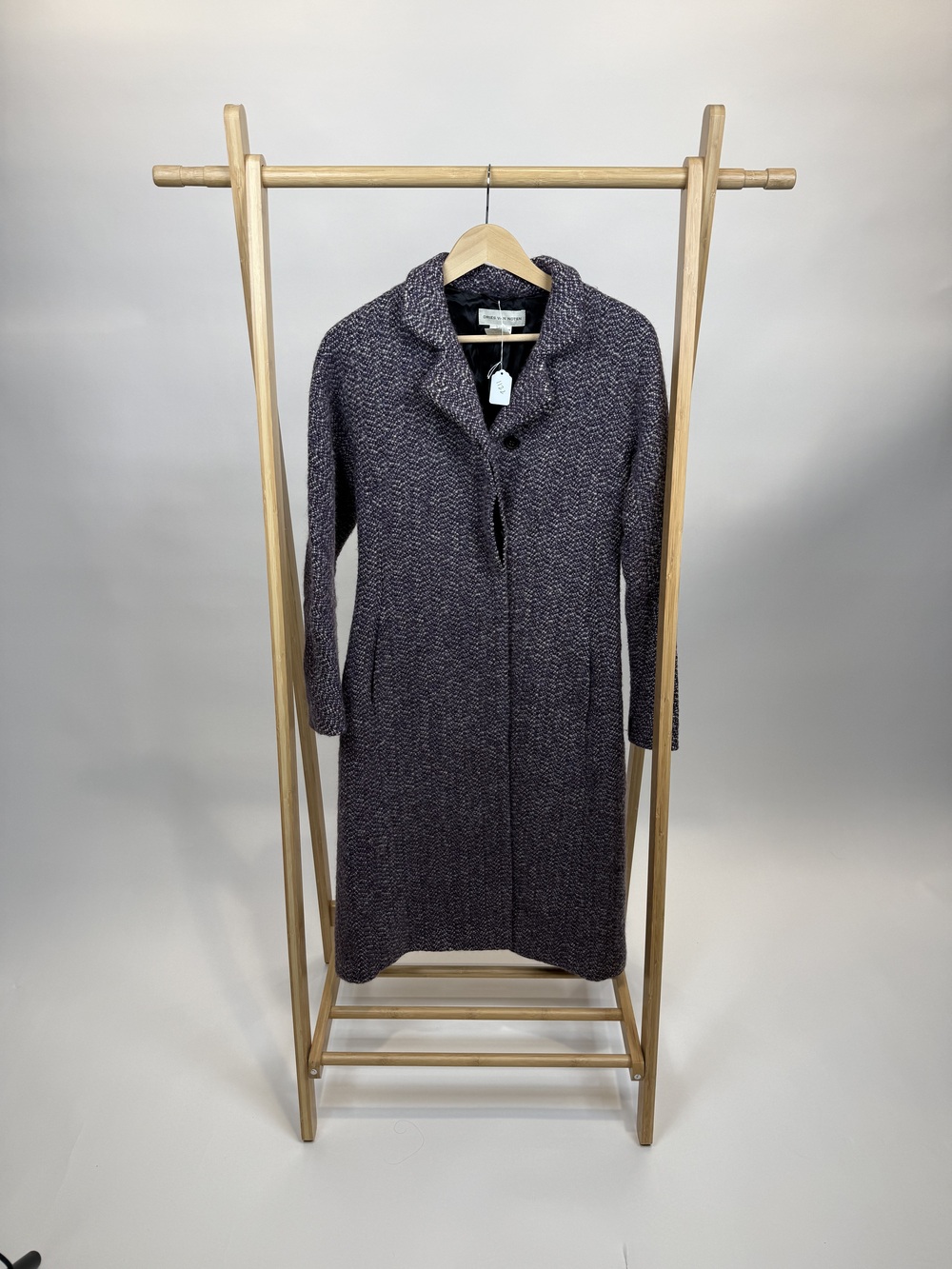 PF-1122 Dries Van Noten Wool Mohair Tweed Coat Purple Blue Textured Mid Length